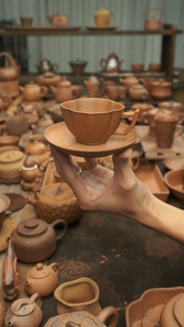 老岩泥原矿老岩泥  把手四叶杯配杯垫