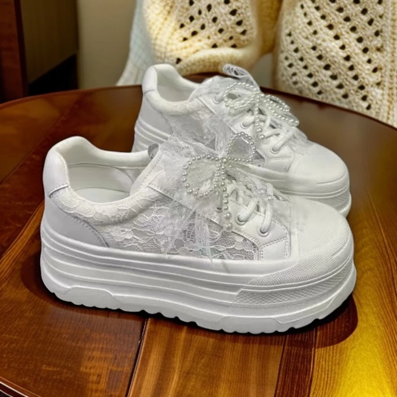 真皮珍珠蕾丝蝴蝶结厚底透气网面鞋2025春夏季新款休闲小白鞋板鞋