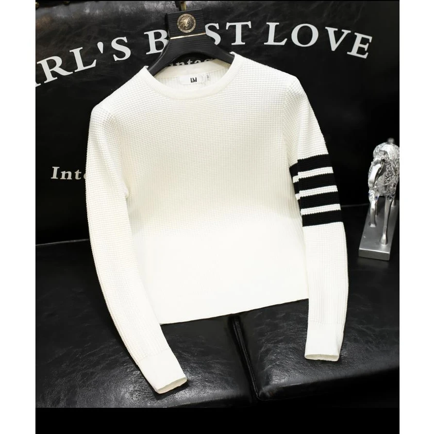 潮牌条纹撞色粗毛线长袖针织衫男2025秋冬季高端时尚保暖打底毛衣