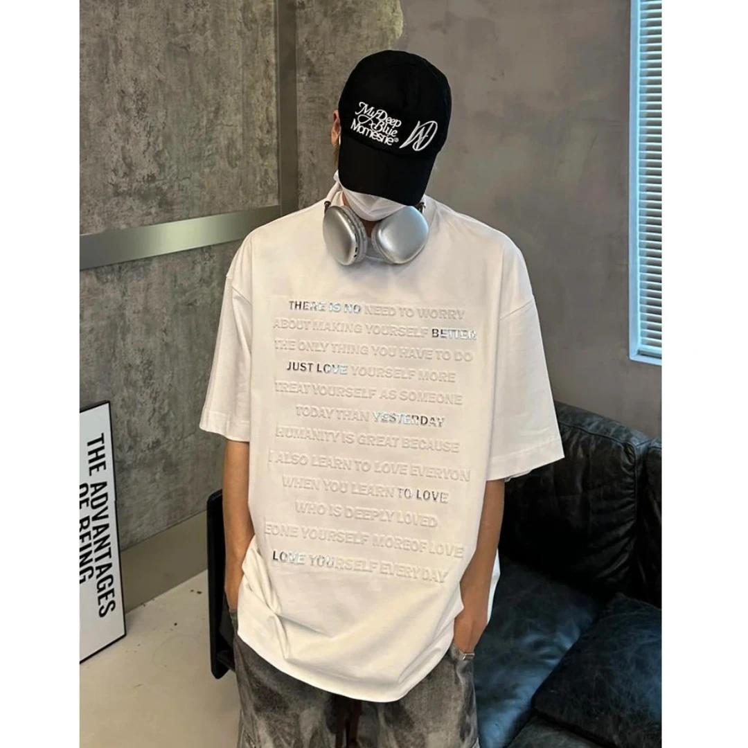 【库库】夏季潮牌短袖男宽松上衣字母钢印ins百搭男士圆领T恤半袖新