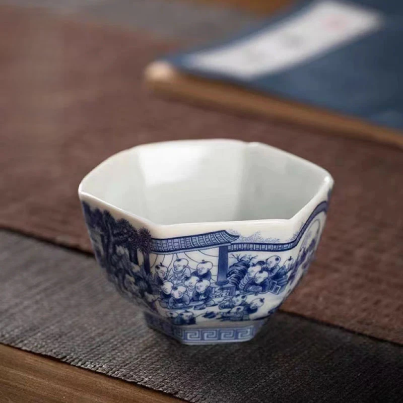 【陶研所专属】青花百子图六方杯