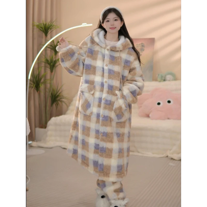 韩版少女格子连帽珊瑚绒睡袍女2025冬季新款加绒加厚家居服两件套