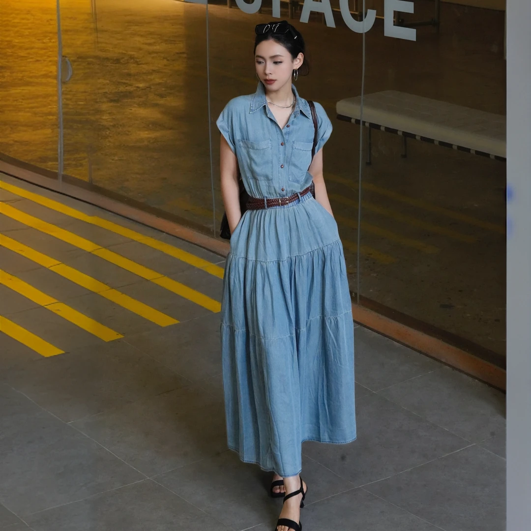 POPULARYW【盐霁】Z·R上品屋 港风通勤松紧腰配腰带收腰牛仔长裙