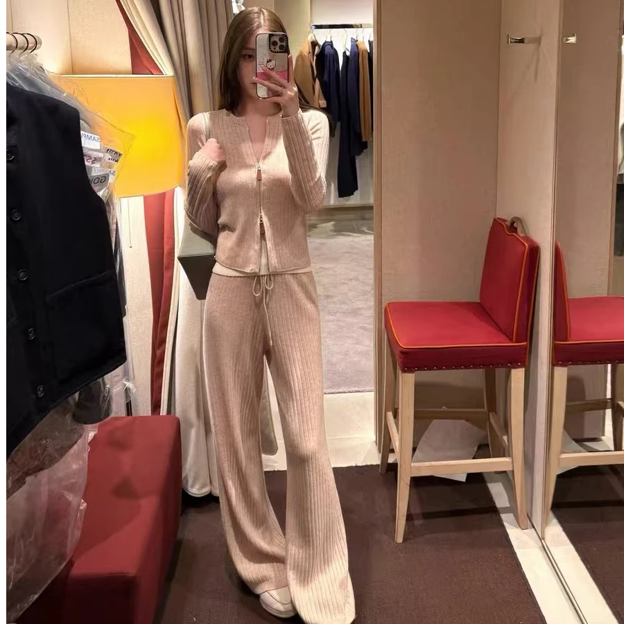 2025早春新款时尚套装气质针织套装女高腰显瘦休闲裤温柔风套装