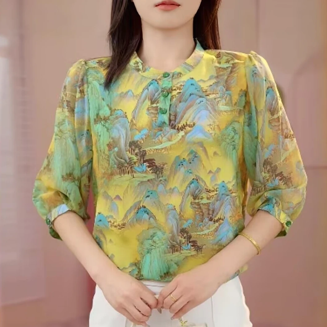 【洒银工艺】春夏七分袖薄款冰丝衬衫大码胖mm宽松显瘦防晒小衫