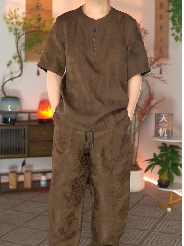 香云纱夏季男士花萝长裤套装时尚中国风