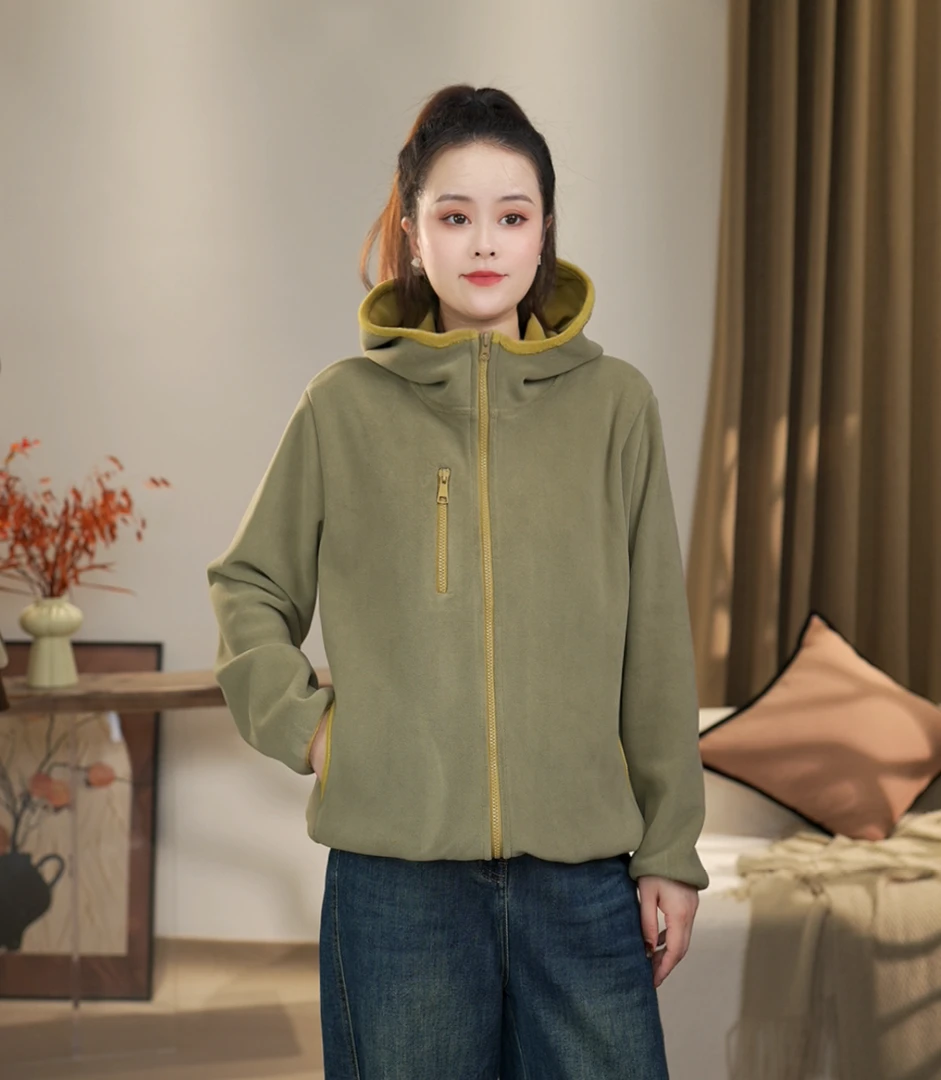 【沐沐】秋冬新款连帽宽松保暖防风外套时尚开衫加绒加厚连帽外套