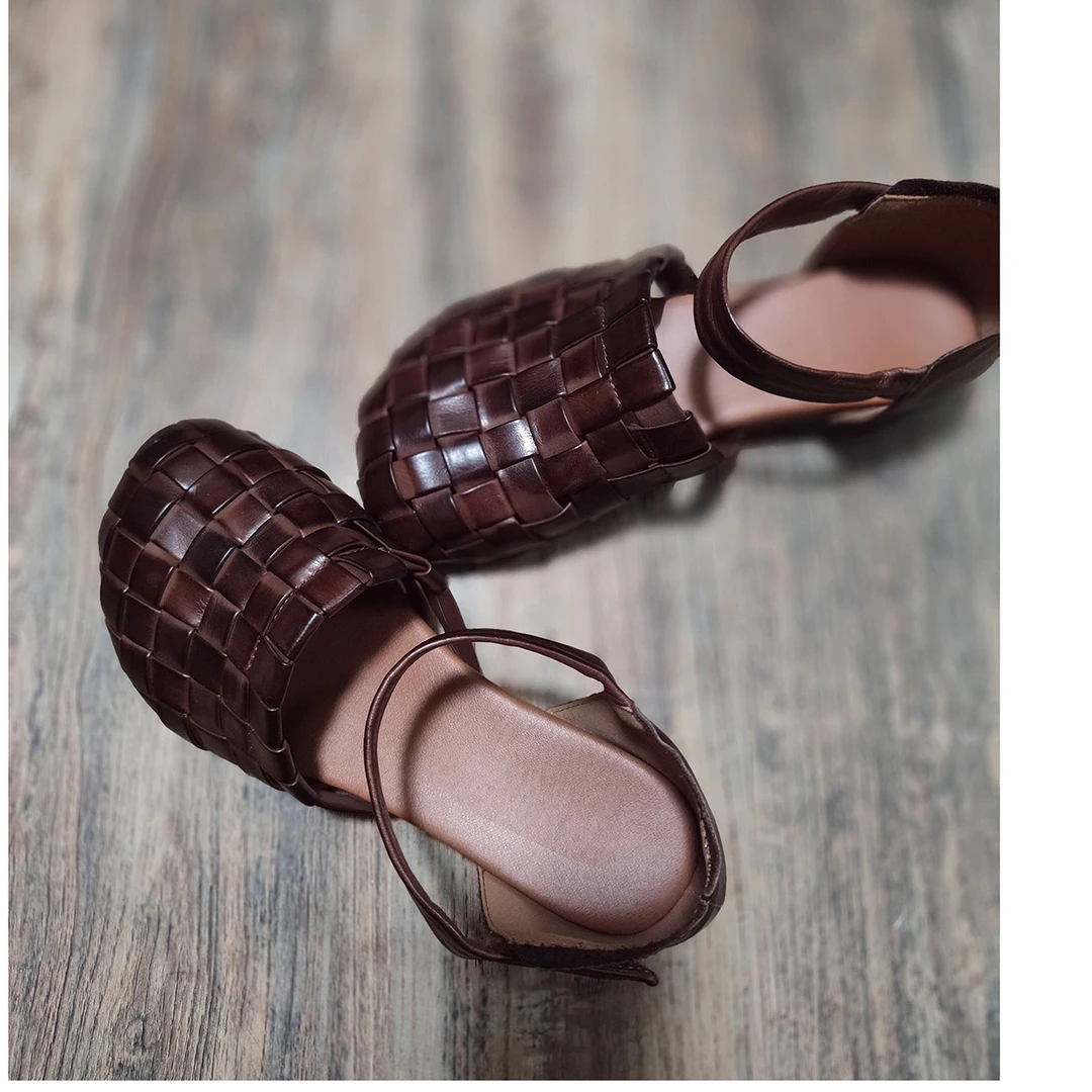 YYGG【真皮凉鞋】春夏新款真皮圆头复古风平底编织凉鞋shoe2501