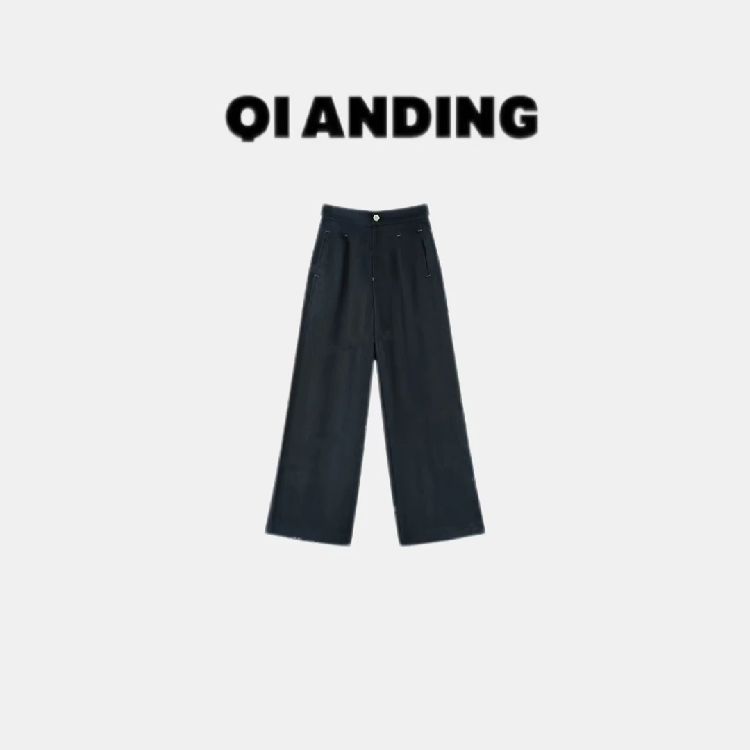 【QIANDING】2025新款老钱风人字纹莱赛尔亚麻裤25629