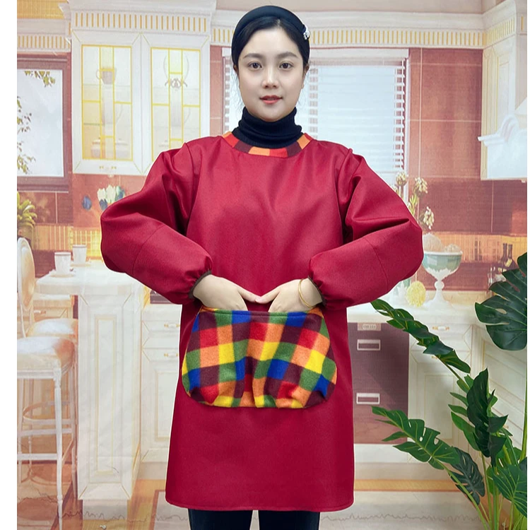 【30193格子绒】防水擦手大口袋拉链反穿衣长袖围裙成人罩衣家用