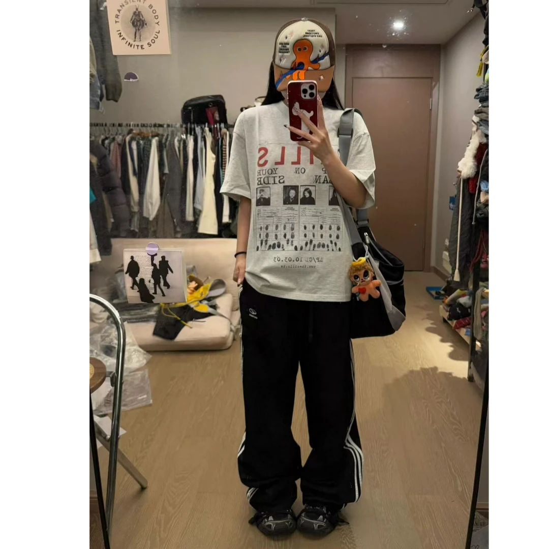 2025夏季纯棉小领口字母印花做旧短袖T恤男女宽松情侣上衣潮流夏