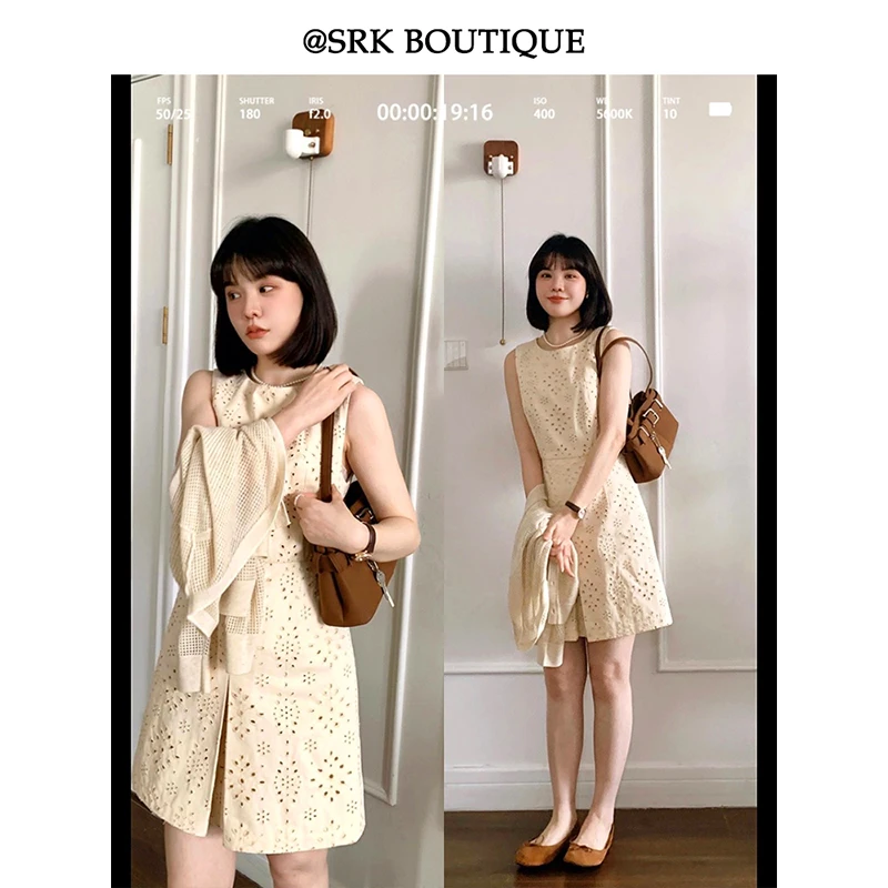 法式重工刺绣背心裙镂空纯色圆领无袖高腰显瘦温柔短裙S2CL0866