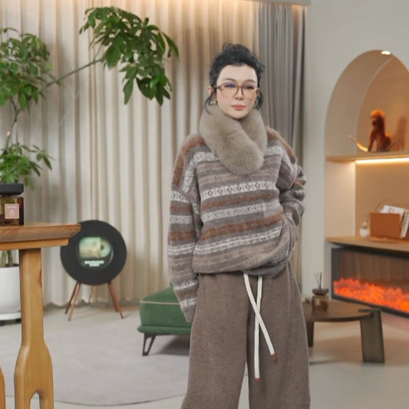 【北欧冬日】羊驼毛羊毛复古提花V领慵懒针织毛衣L2799