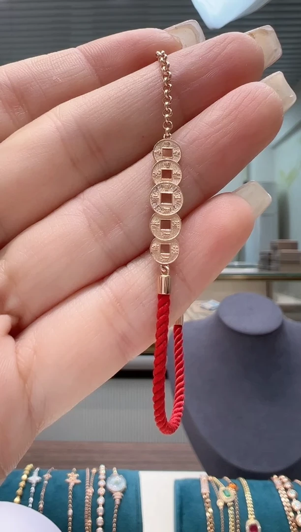 【闪购商品】钻石手链18K金镶嵌镶钻铜钱红绳手链