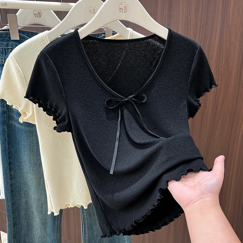 黑色木耳边针织短袖T恤女爆款2025新款夏季胸前蝴蝶结修身小上衣