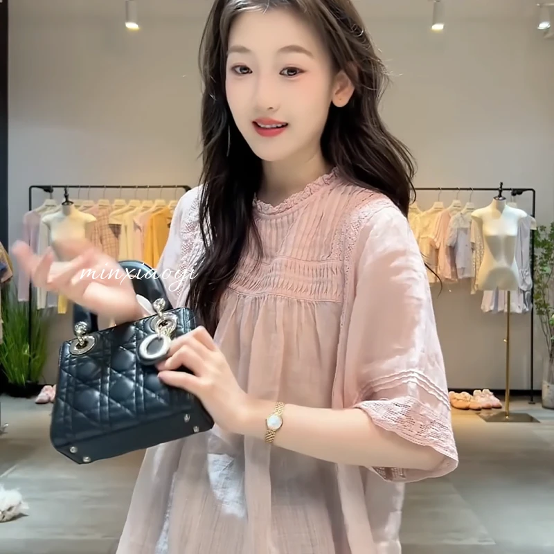 【闵笑一】粉梦露衬衫宽松型宫廷时尚短袖气质夏季苎麻拼接蕾丝上衣