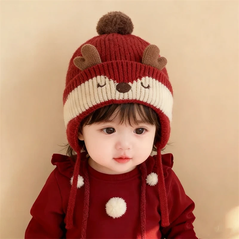 宝宝帽子秋冬季圣诞红色男女童保暖针织护耳帽加厚婴儿冬天毛线帽