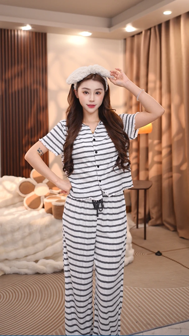 【不染】春季长袖气质时尚宽松条纹舒适休闲夏季家居服