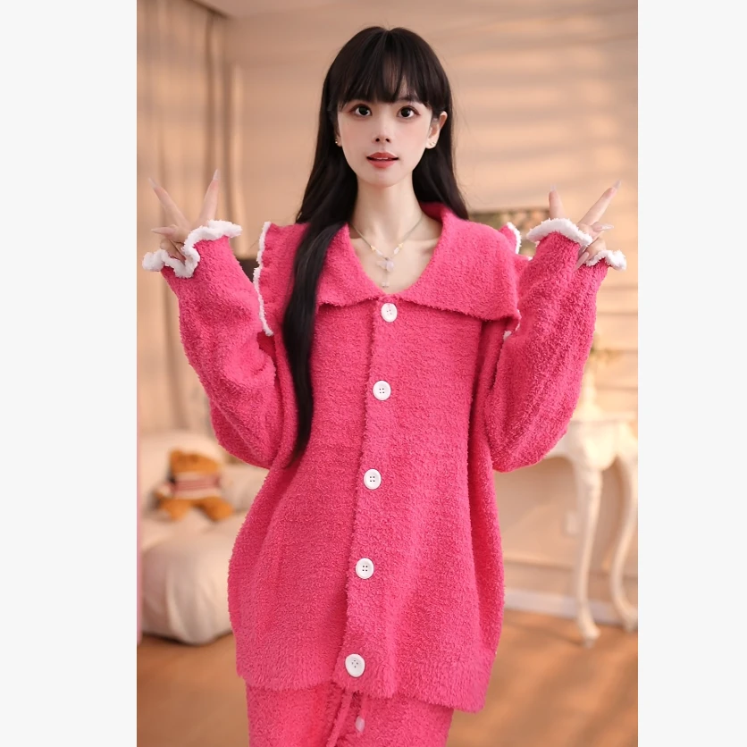 【粉红开衫】睡衣套装半边绒宽松加绒圆领保暖甜美时尚长袖