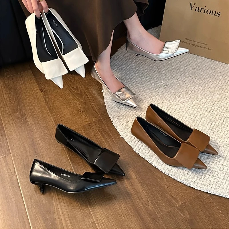 法式小猫跟尖头浅口单鞋女春秋2025年新款气质细跟低跟中跟高跟鞋