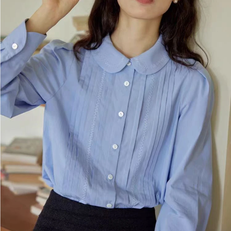 CS1213小清新通勤衬衣蓝色百搭宽松娃娃领甜美翻领韩版长袖衬衫