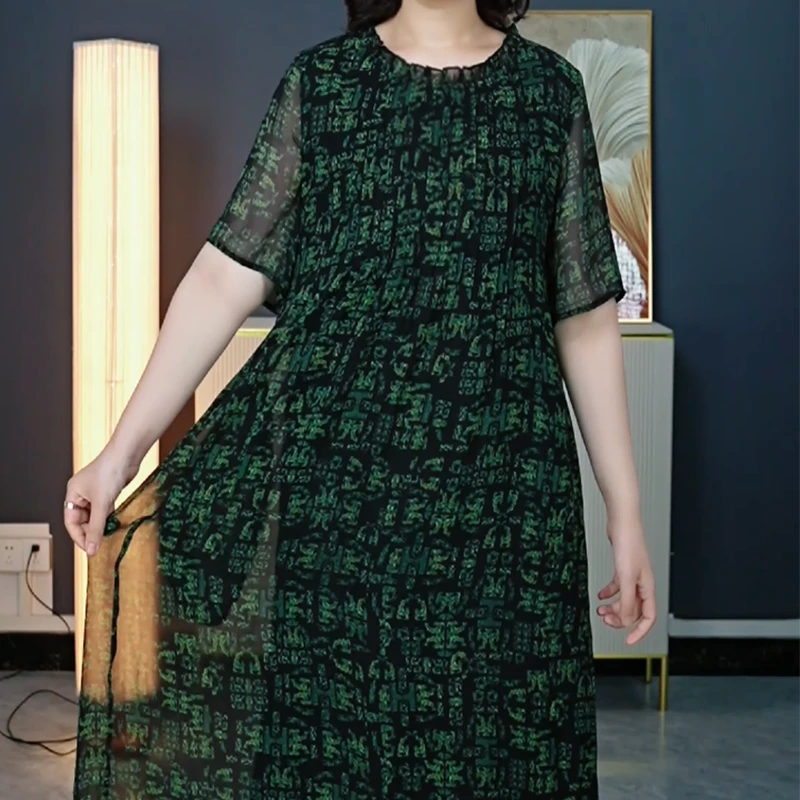 夏季大码女装清凉气质圆领短袖显瘦遮腰连衣裙0149