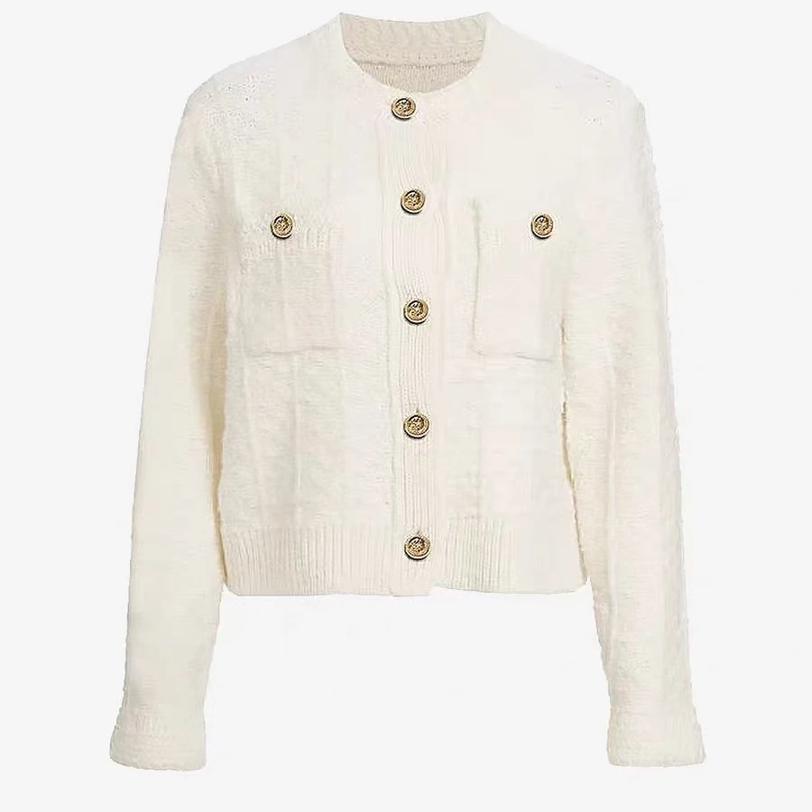 小香风白色圆领单排扣针织开衫温柔风毛衣外套0521