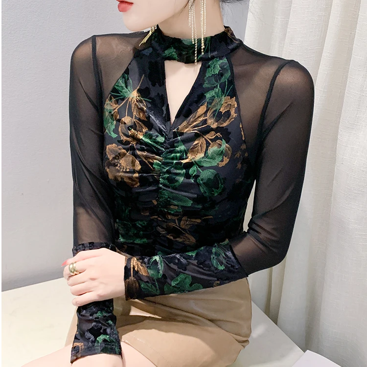 复古植绒烫金半高领打底衫女春季设计感修身长袖T恤网纱蕾丝上衣