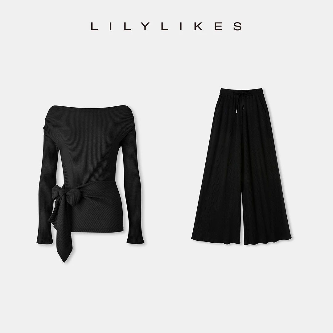 【LILYLIKES】一字领露肩长袖T 侧边绑带设计感上衣/阔腿裤