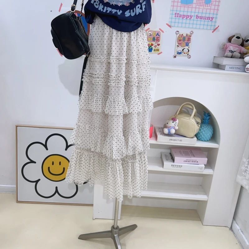 【钱呼呼】清版~新款仙仙长款当奥波点雪纺裙子松紧腰韩系女