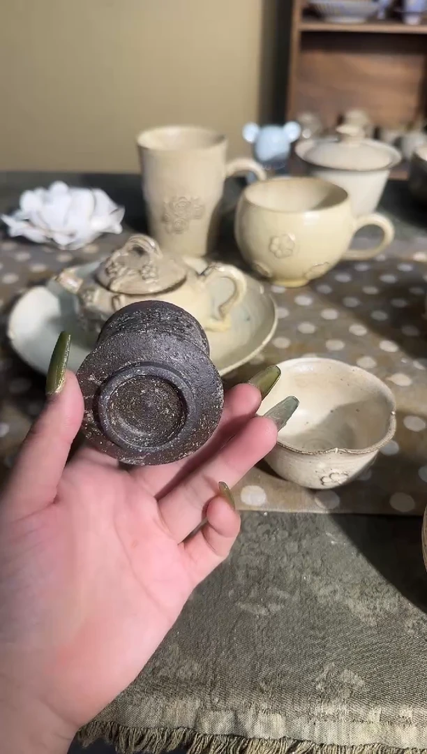 瓷片淡*手作粉引岩彩书法杯