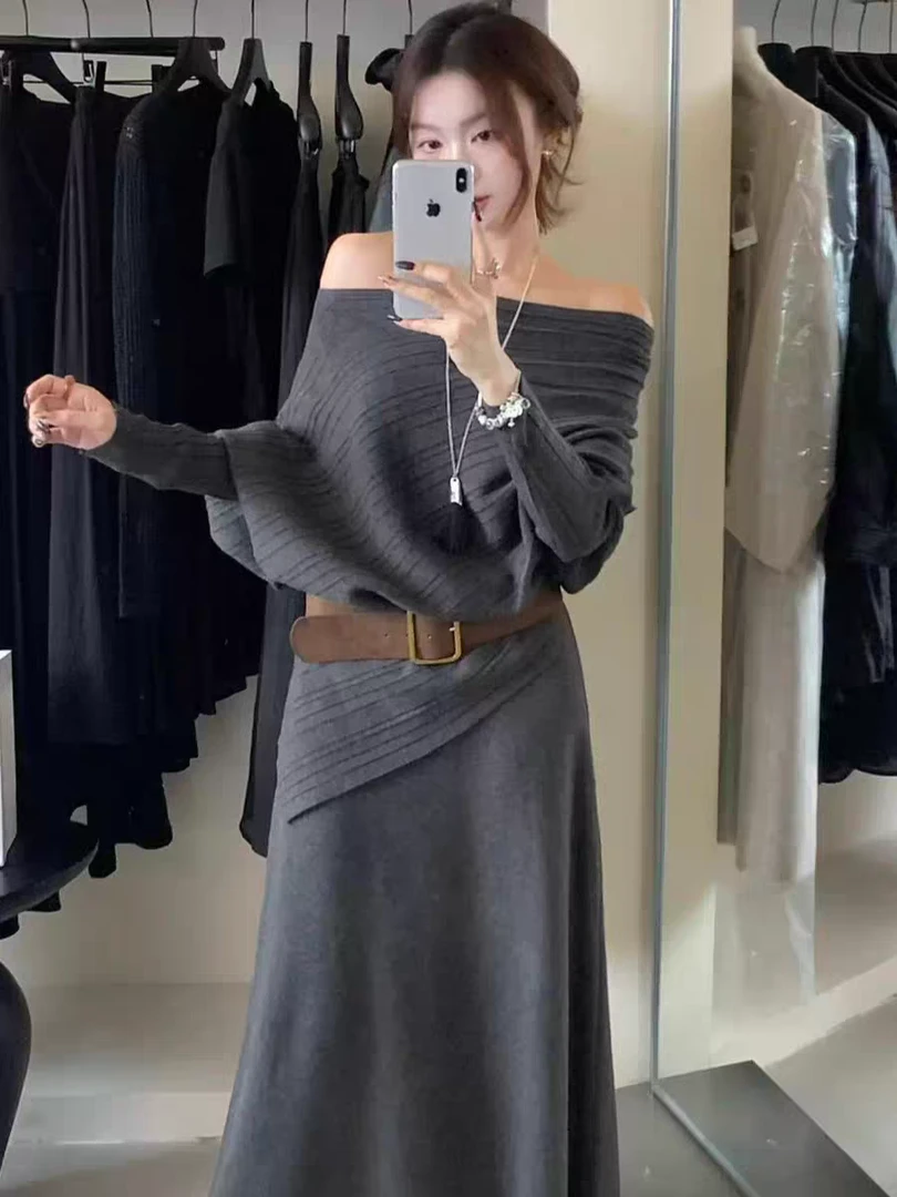 法式慵懒不规则针织小衫+松紧腰针织半身裙套装（配腰带）旅游套装