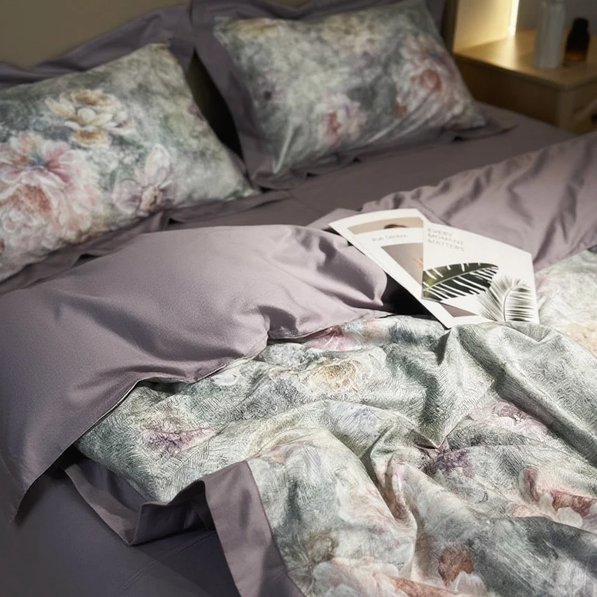 轻奢印花纯棉全棉高支高密四季四件套丝滑花边床品套件-琉璃