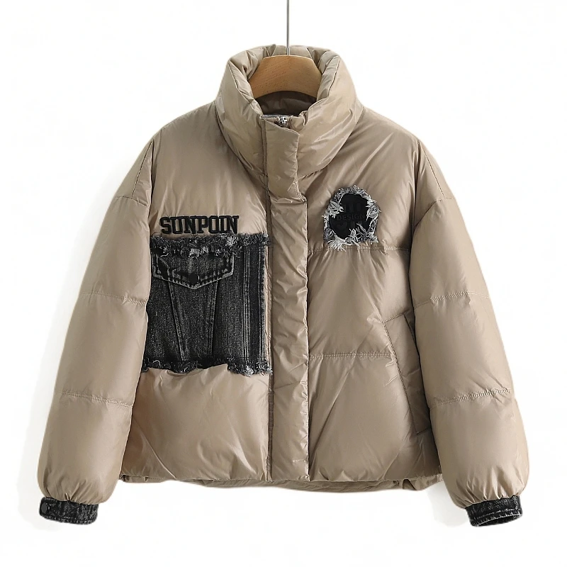 【伍莎-自营】拼接牛仔加厚立领短款羽绒服#QTM48H081