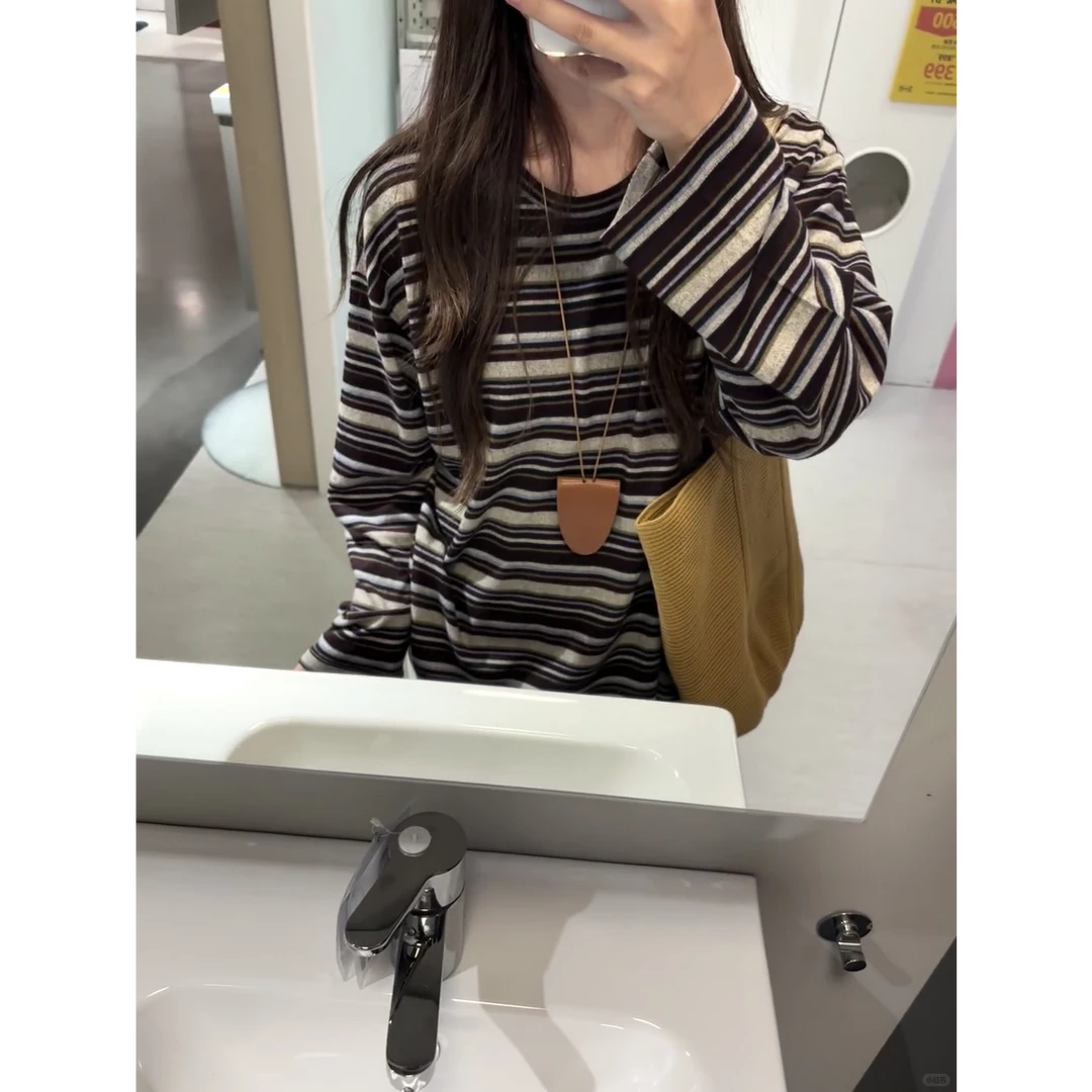 慵懒风穿搭一整套复古咖色条纹长袖T恤休闲舒适灰色糯米裤套装女