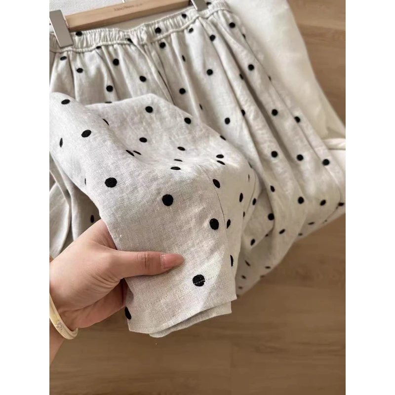 小文姐麻料波点裤’夏季慵懒感文艺松紧腰高腰阔腿裤薄款宽松