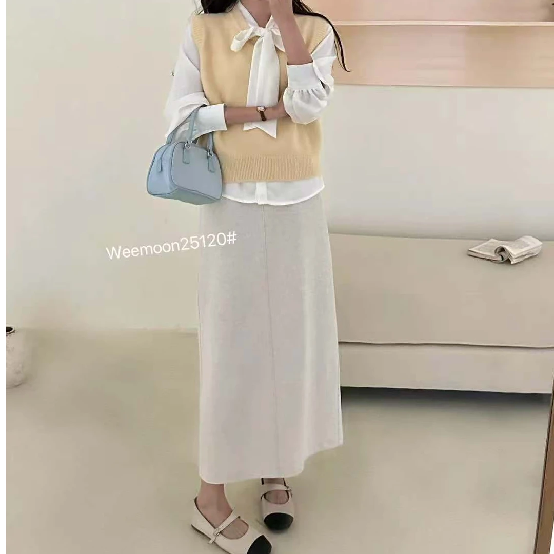 25120#简约开叉A字直筒长款半身裙
