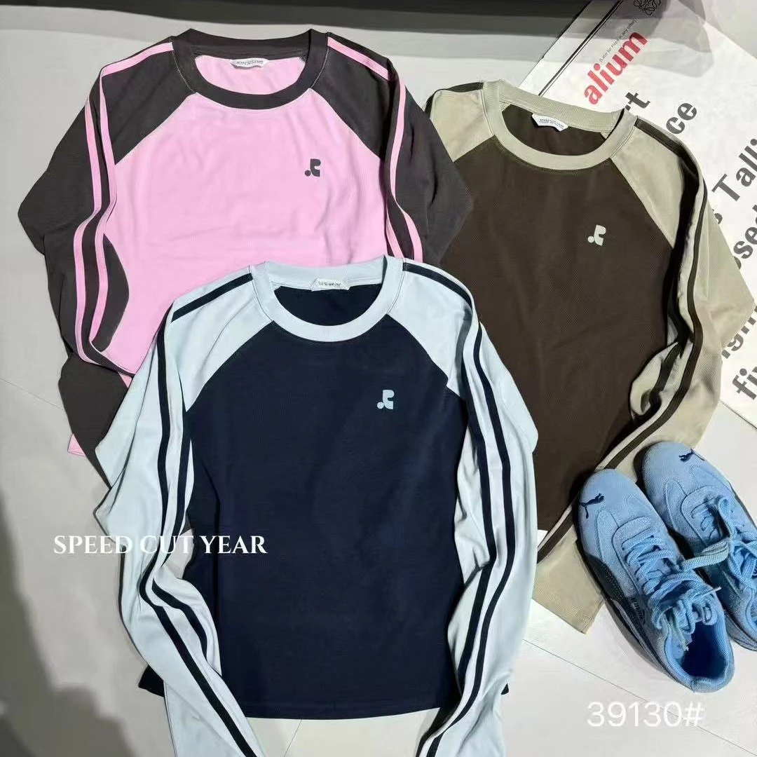 2025春季韩国小众款拉条撞色拼接长袖打底39130