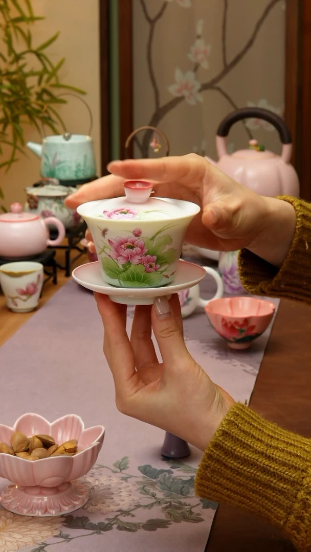 【闪购商品】【领丰茶具福力】醉美莲花三才盖碗