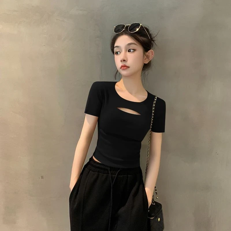 新款短袖T恤女夏季设计感小众圆领露脐短款紧身上衣t恤ins潮纯色