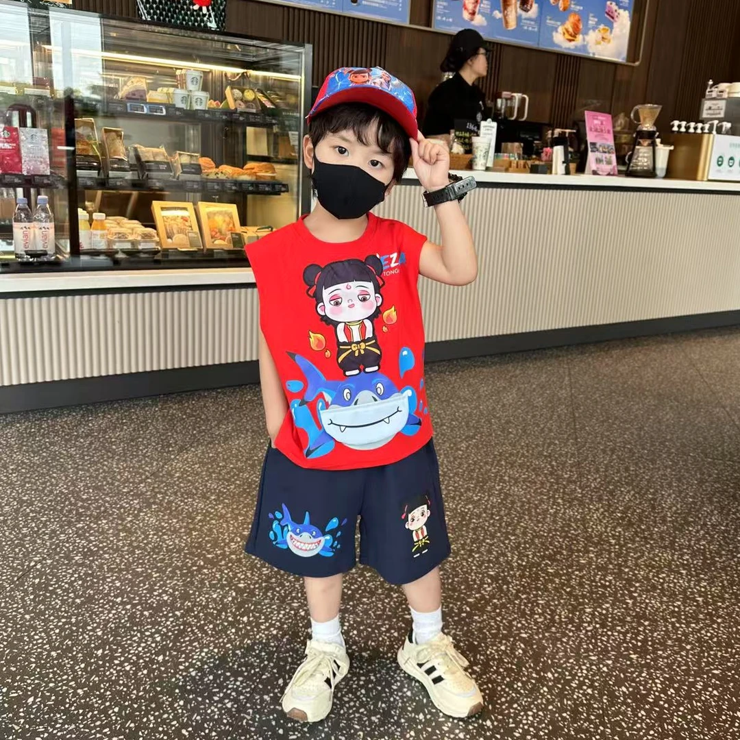 哪吒儿童服装男童夏季背心套装2025新款男孩运动男宝夏装无袖衣服