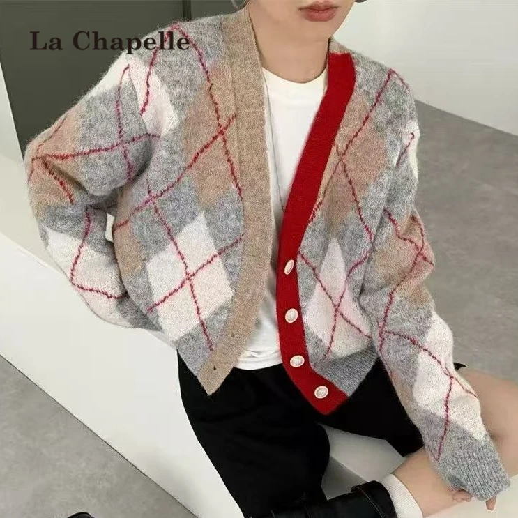 拉夏贝尔英伦风菱格纹v领针织开衫女秋冬新款慵懒风宽松百搭毛衣