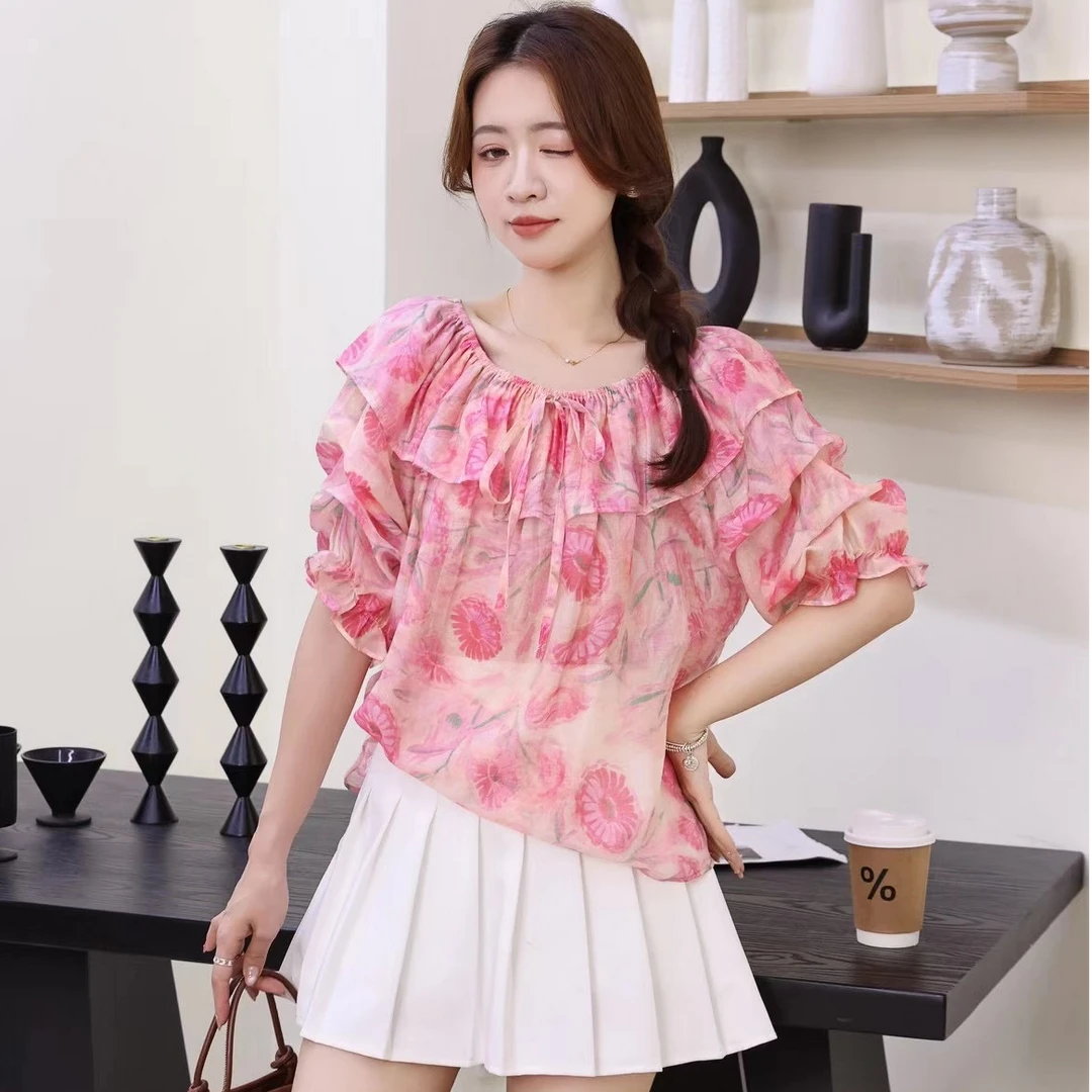 女款夏季新款法式设计感甜美一字领短袖荷叶边露肩气质上衣