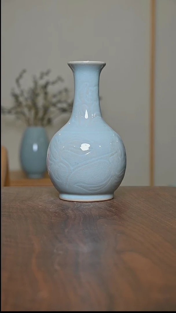 天青釉 鹅颈瓶 微瑕 朱家汝窑款