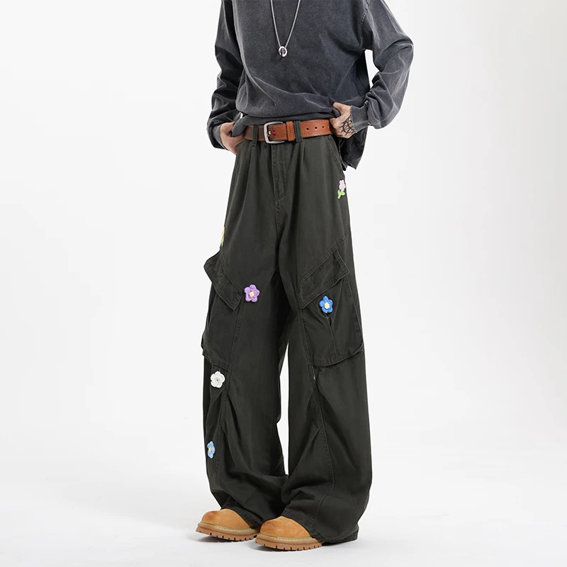 国潮复古多口袋直筒工装裤男女美式宽松小花刺绣伞兵裤阔腿长男款