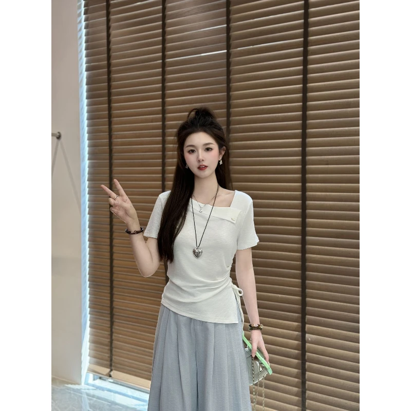 只出不进 夏季设计款短袖T恤6-6新款2025时尚抽绳百搭上衣1225