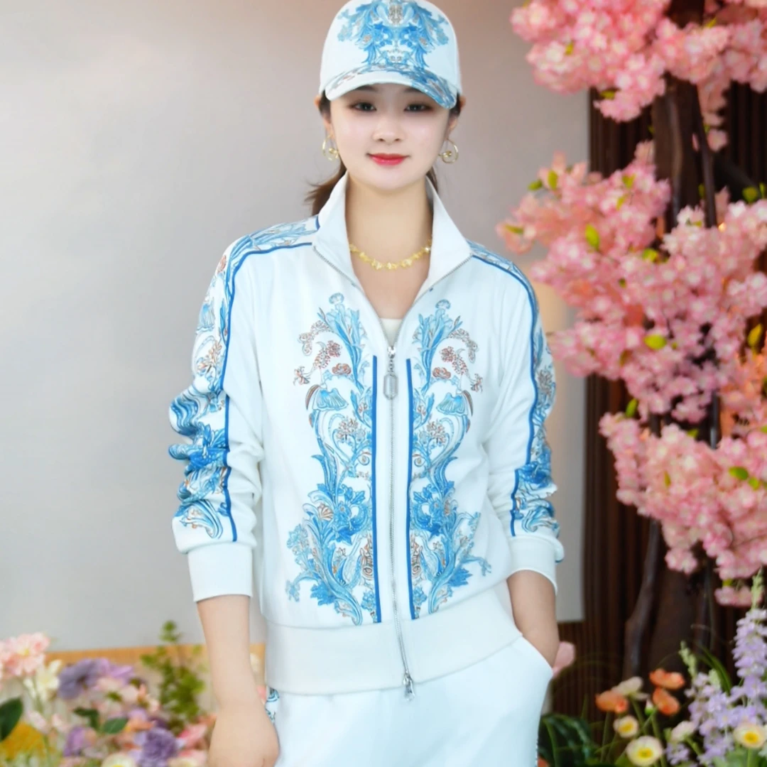 【ZZ】新款简约青花薄休闲显瘦立领气质减龄长袖运动套装2517028