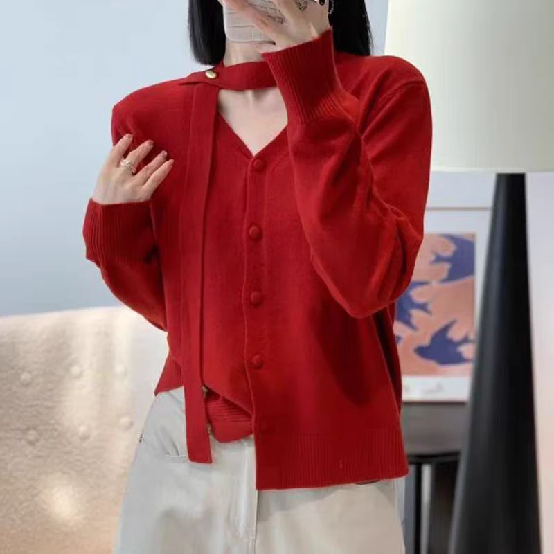 【福利品】韩版V领飘带针织女秋冬洋气百搭毛衣上衣