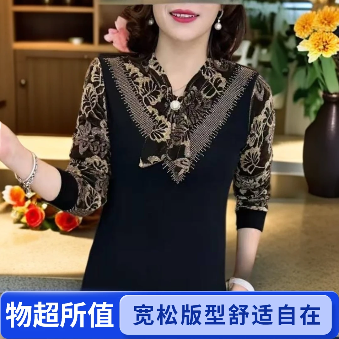 秋冬季新款蝴蝶结上衣女中老年妈妈装宽松上衣妈妈中老年长袖衣