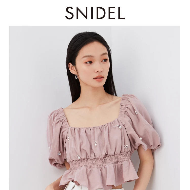 SNIDEL春夏新品甜美少女泡泡袖钉珠方领衬衫上衣SWFB242300